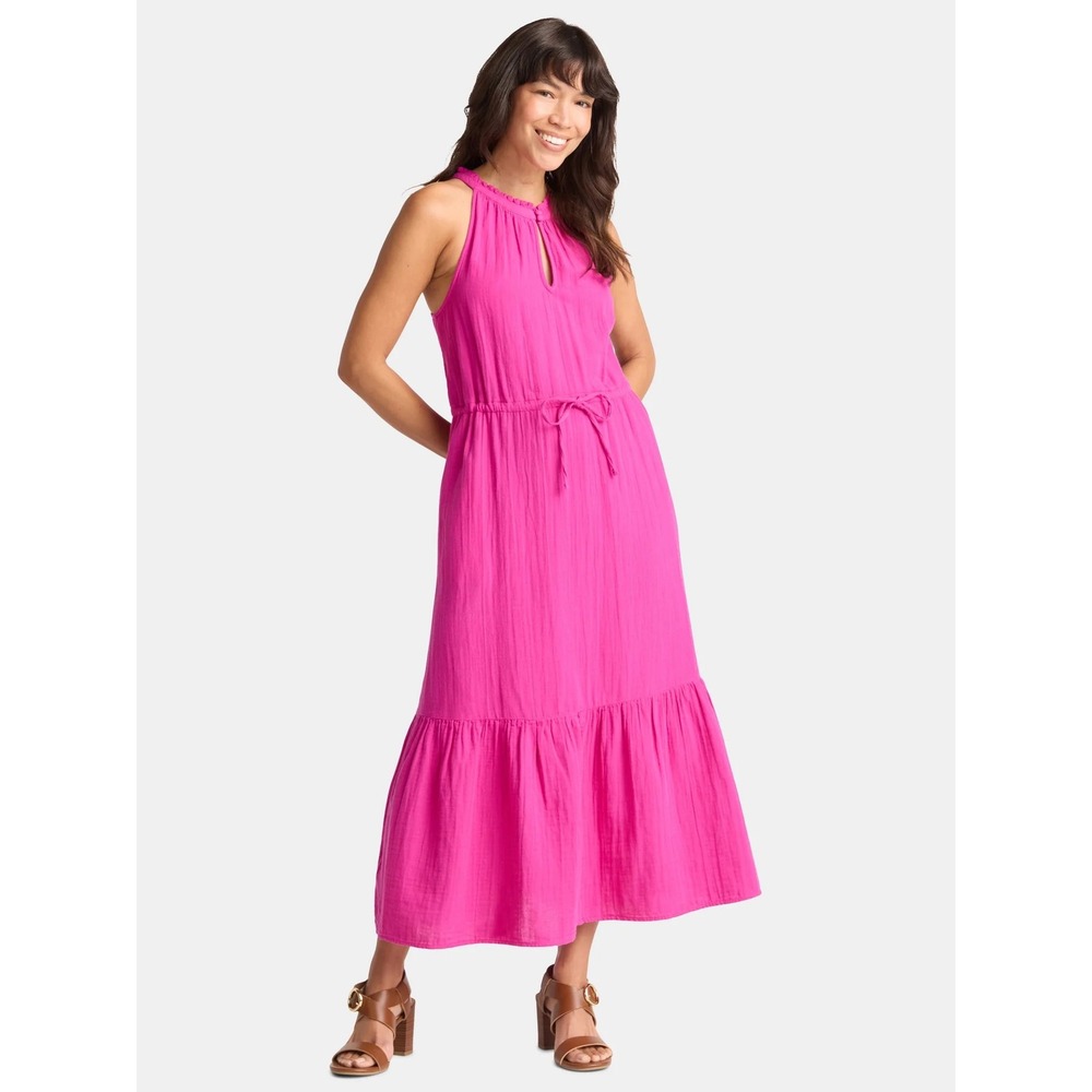 Universal Thread Maxi Dress Womens Medium M Pink Excellent Cotton Halter Tiered